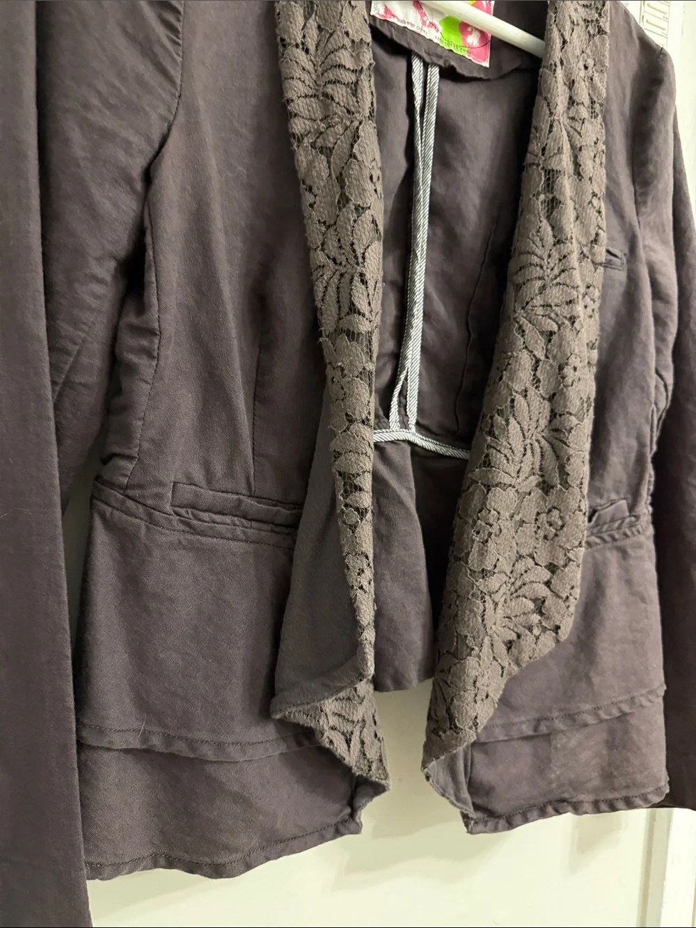 Free People Taupe Lace-Trim Open Front Jacket